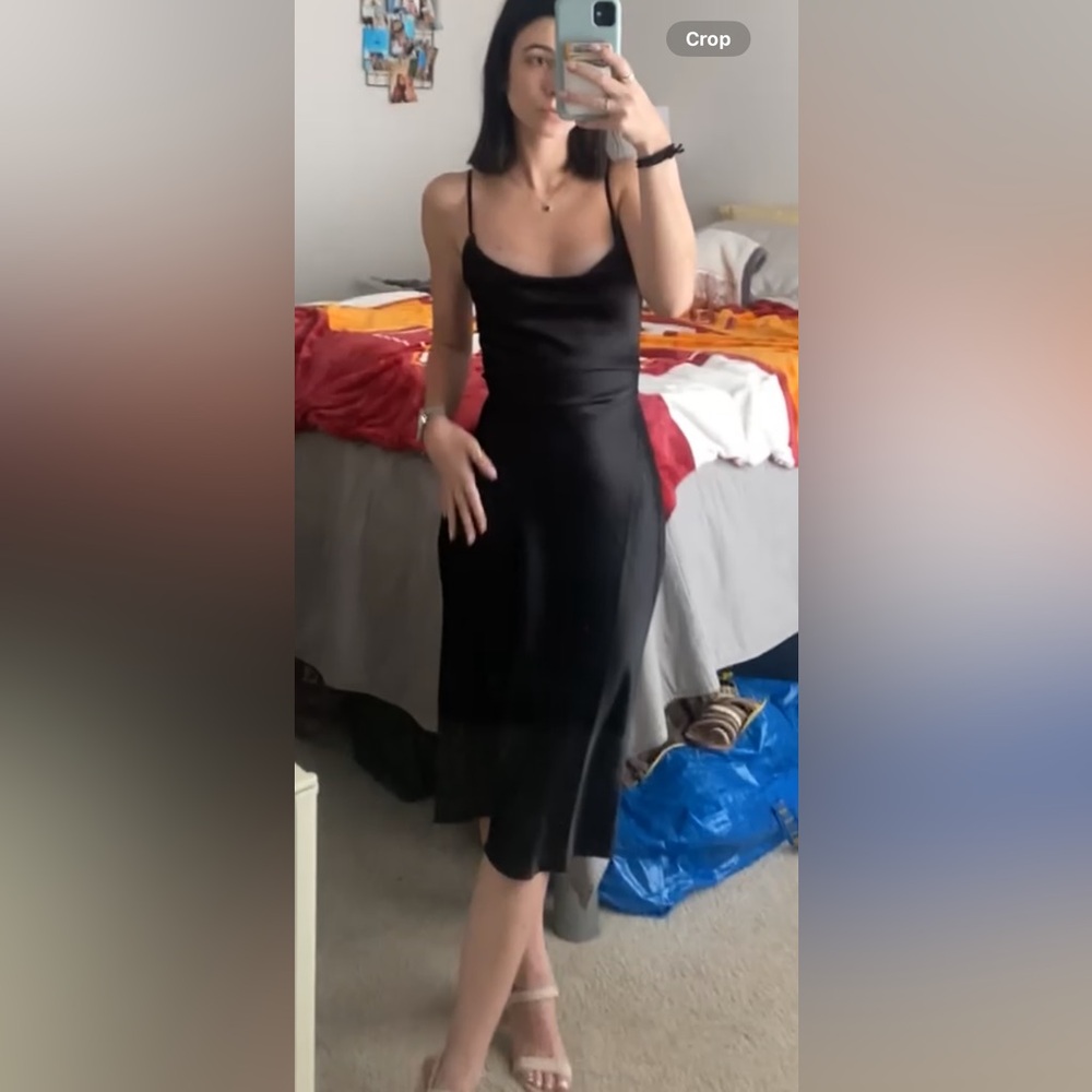 Black Cowneck Satin Midi Dress